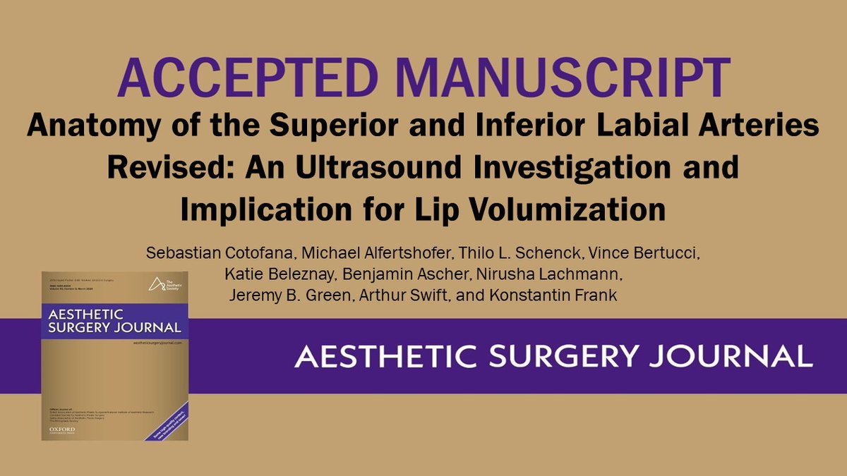 ACCEPTED TODAY! Watch for this new article publishing online soon: 
Anatomy of the Superior and Inferior Labial Arteries Revised: An Ultrasound Investigation and Implication for Lip Volumization

<a href="/ASJrnl/">Aesthetic Surgery Journal/ASJ Open Forum</a> <a href="/hunter_alexan/">ℍ𝕦𝕟𝕥𝕖𝕣 𝔸𝕝𝕖𝕩𝕒𝕟𝕕𝕖𝕣</a> @kyleigh_vrettos
<a href="/DrKatieBeleznay/">Dr. Katie Beleznay</a> <a href="/JeremyGreenMD/">Jeremy B. Green, MD</a>