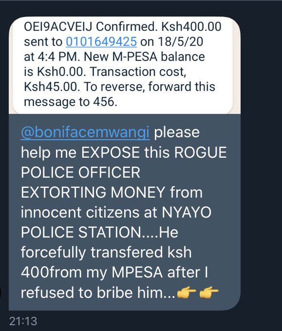 bonifacemwangi's tweet photo. Nyayo Police Station #MaskTax paid via Mpesa to 0101649425. I hope @FredMatiangi will help stop this extortion. I shall keep on tweeting and tagging him. If you have been a victim of Police #MaskTax extortion, tweet and tag Matiangi and @NPSOfficial_KE. #TeamCourage https://t.co/ElnDKOW1NY