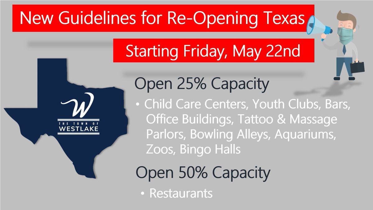 townofwestlake's tweet photo. New guidelines just issued by Governor Abbott regarding the re-opening of Texas. #DoYourPart #DoYourDistance https://t.co/SMCnKYGR8I
