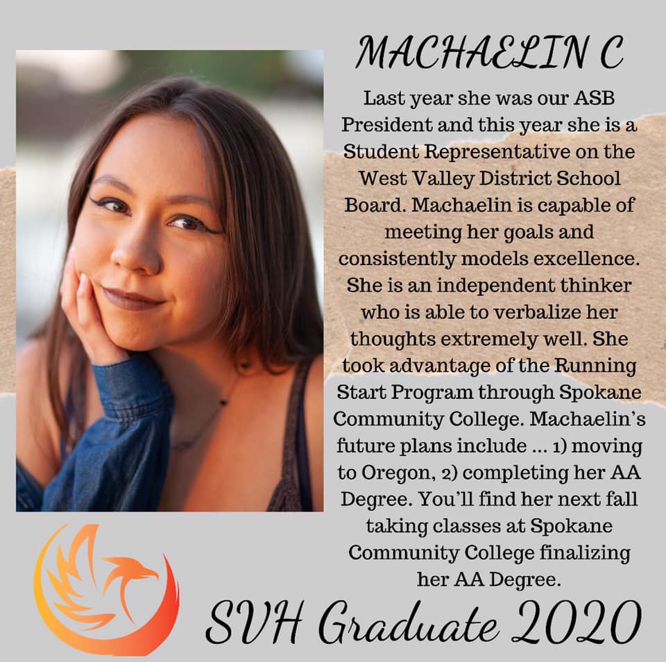WestValley363's tweet photo. Spokane Valley High School is highlighting all 30 graduates through social media. This amazing senior served two years as a West Valley School Board Student Representative. Thank you for your service Machaelin, and good luck with your future endeavors! #westvalleyschooldistrict https://t.co/1tZxrTYYQB