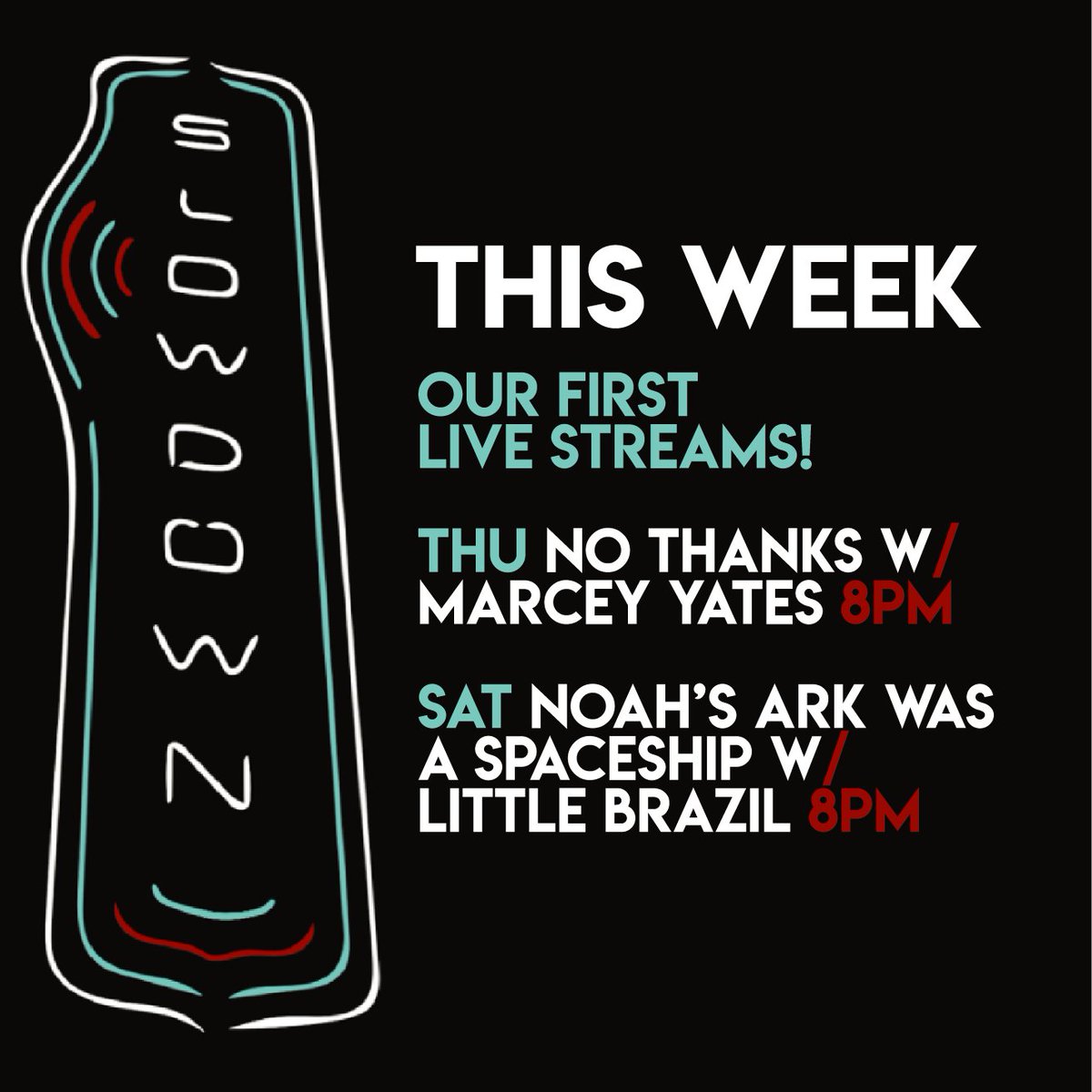 We’re so excited to kick off our first live streams this week! 🎥♥️🎸 We’ve got No Thanks with @Op2mus this Thursday, May 21st, and we’ve got Noah’s Ark Was A Spaceship with <a href="/little_brazil/">Little Brazil</a> on Saturday, May 23rd! The cover charge is only $5! 🎟: theslowdown.com