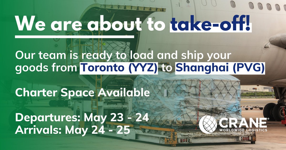 CWWLogistics's tweet photo. Wheels-Up! We have space available on a couple of #CharterFlights from #Toronto (YYZ) to #Shanghai (PVG)
Contact our team and get a quote now!
https://t.co/wt2zTbMDaa
#freightforwarding #airfreight #cargo #freightquote #thecraneway #logistics #freight #shipping #supplychain https://t.co/Ym56UxoLK9