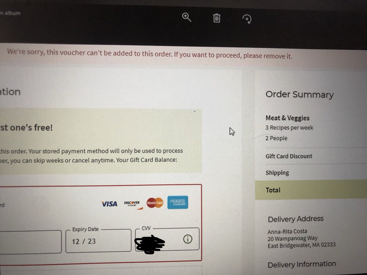 special__A's tweet photo. been on the phone with @HelloFresh about a GiftCard NOT a promo code b/c for some unknown reason it won’t work. tried diffent cc’s clearing cookies and nothing! only thing they are able to tell me is try again later. SO DISAPPOINTED. help please this wasn’t suppose to add stress! https://t.co/bioj6V8ICk