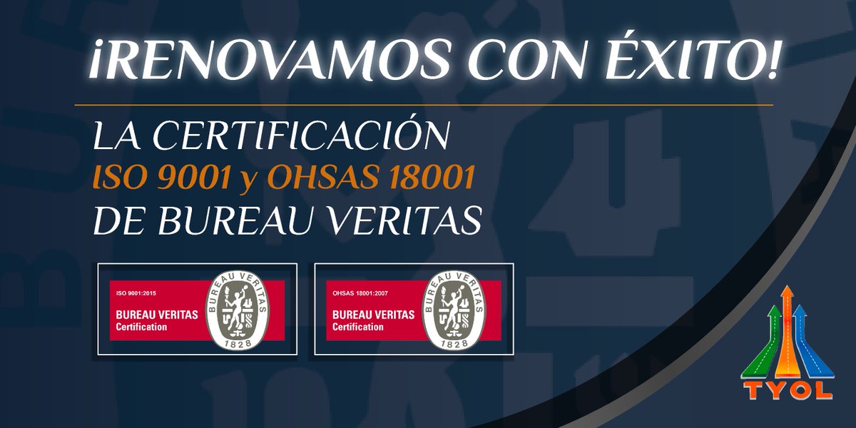 tyolsas's tweet photo. ✔️Contamos con un Sistema de Gestión en seguridad y salud en el trabajo efectivo y estamos comprometidos para seguir ofreciendo nuestros servicios con calidad 🚗🚐🚌 #BureauVeritas #2020 #ISO9001 #OHSAS18001 #TyolSAS #Certificacion https://t.co/xQwBkCnNwR