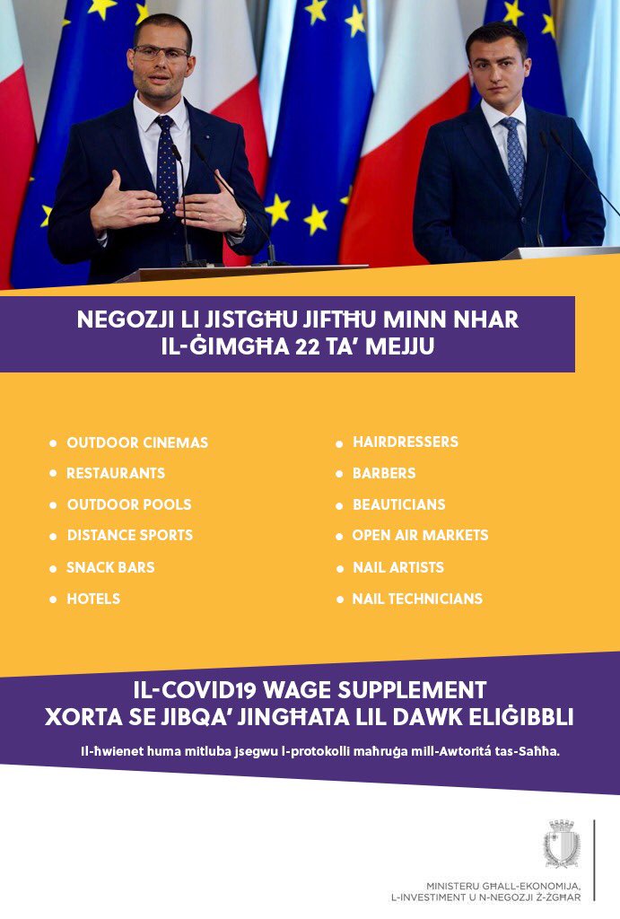 Lista ta’ negozji li jistgħu jiftħu  minn nhar il-Ġimgħa 22 ta’ Mejju.