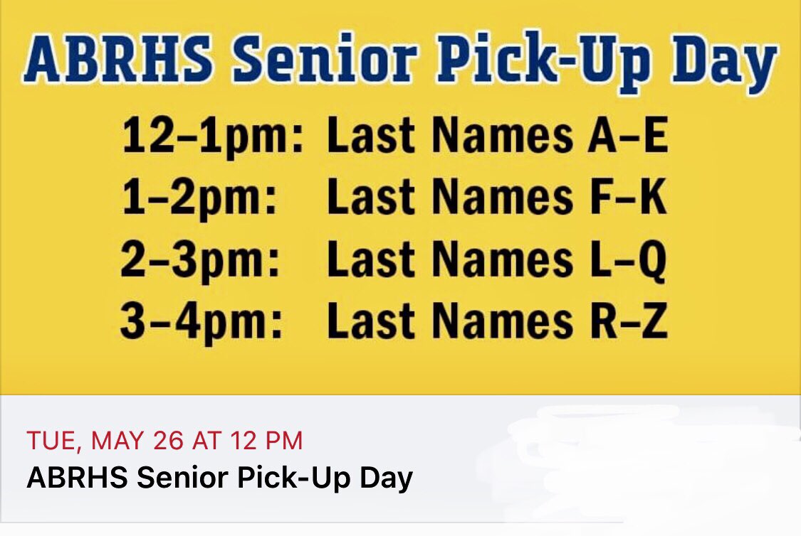 ABProjectGrad's tweet image. Here are the details for Senior Pick-Up Day. This is the opportunity for seniors to drop-off items belonging to the school and for them to pick-up personal item left at the school. Questions? Email Dean Csorba—mcsorba@abschools.org.