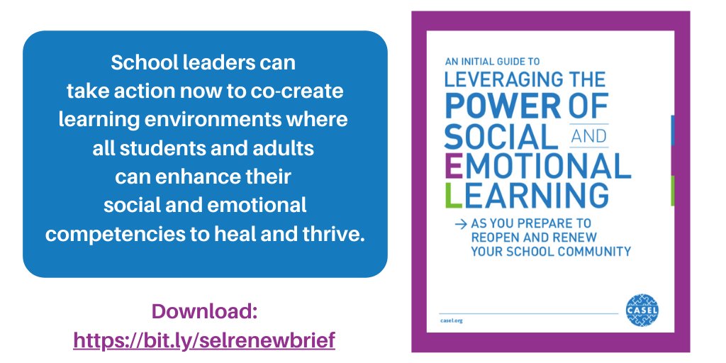 New CASEL Brief on Reopening + Renewing school communities: Actionable recommendations to help schools plan for the #SEL needs of all students and adults during the upcoming transition into summer and new school year: bit.ly/selrenewbrief