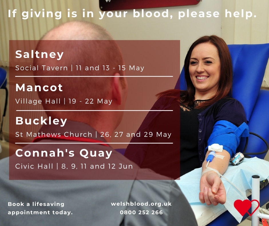Mancot this week 
Mancot Village Hall 19th - 22nd May

Your lifesaving blood donations are still needed every day to save and improve lives.

Please keep giving blood

Click here to book to donate at Saltney this week

wbs.wales/FlintshireBuzz