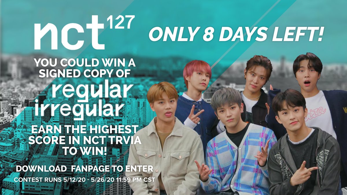 There are only 8 days left to win #NCT127 #RegularIrregular! Get the highest score on #Fanpage #trivia to win!
Download Fanpage to Enter: https://t.co/ABGKHUzU63 https://t.co/lTkEPR6y3w
