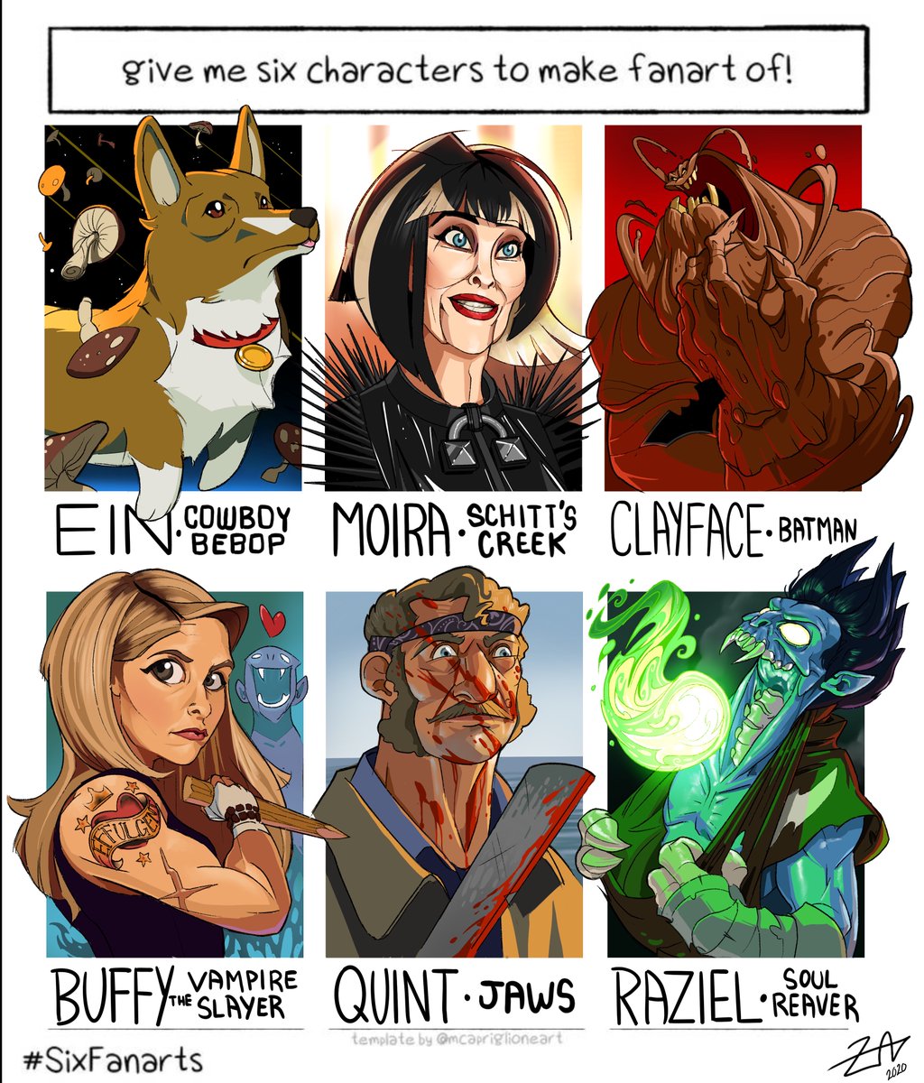 zach_draws's tweet photo. I week ago I finished up my #6fanarts ! It was a really fun project to focus on in my off hours, thanks for any and all suggestions :D #CowboyBebop #ein #SchittsCreek #moirarose #batman #clayface #buffythevampireslayer #buffy #jaws #legacyofkain #soulreaver https://t.co/aGWVp6OPDx
