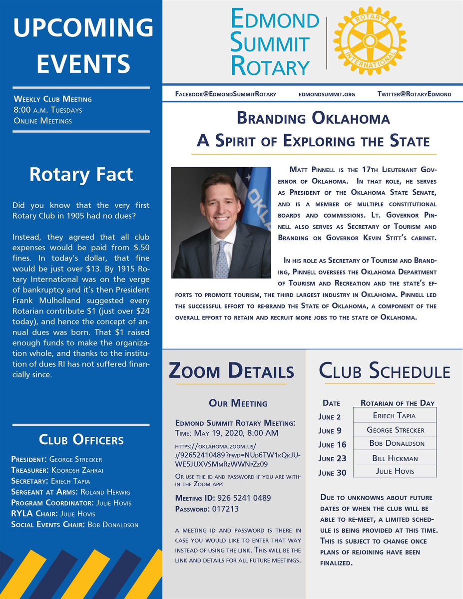 RotaryEdmond's tweet photo. Tomorrow morning at 8 am on Zoom.  Visitors welcome! #EdmondSummitRotary #EdmondOK #Rotary #ServiceAboveSelf 🇺🇸 https://t.co/VjxPSmKxiy