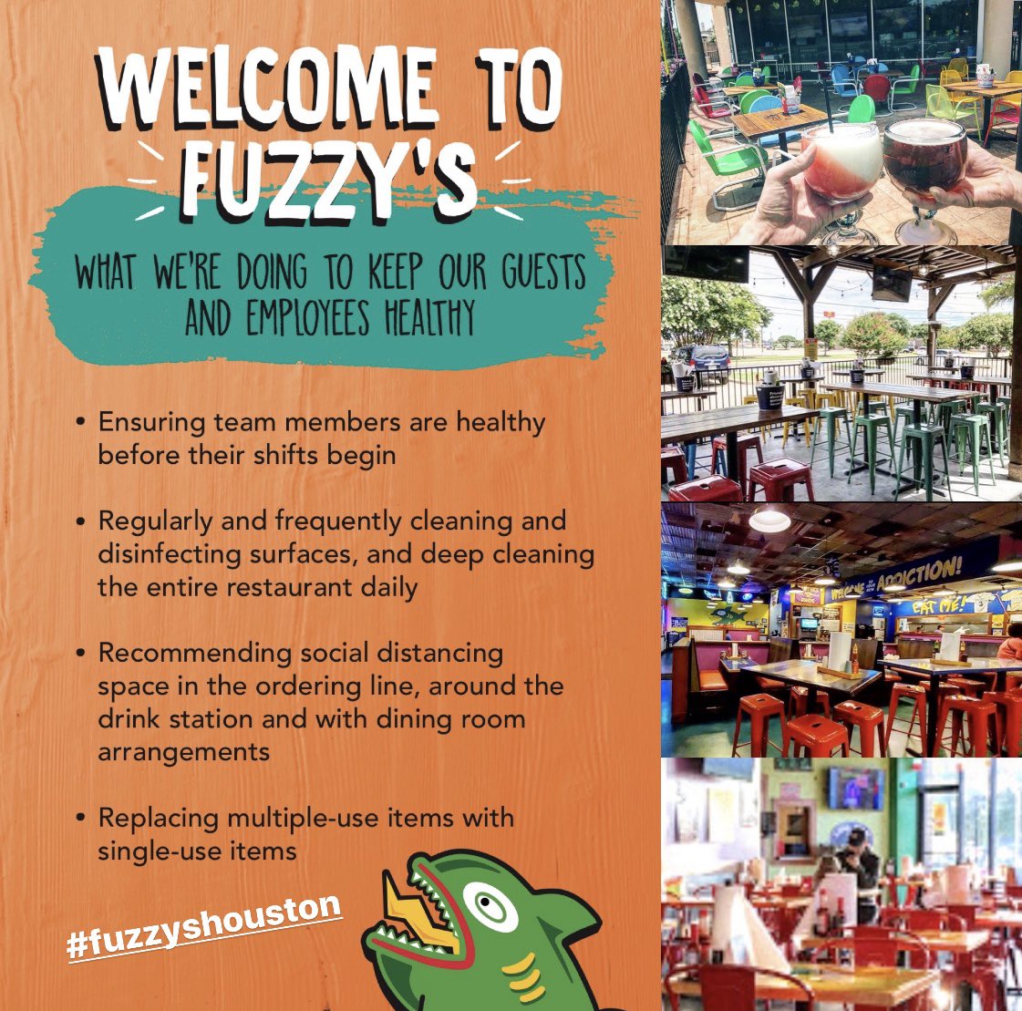 fuzzysleaguecty's tweet photo. What you &amp; your family &amp; friends can expect when dining in with us! As always, we appreciate your continued support &amp; understanding throughout this transition! (See our previous post for the full details) #fuzzystacoshop #fuzzyshouston #leaguecity https://t.co/ujxhH2MwSK