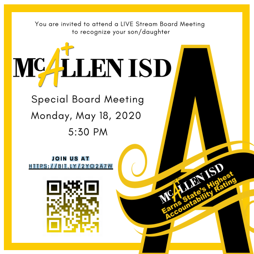 McAllenISD's tweet photo. You are invited to attend a LIVE Stream Board Meeting to recognize your son/daughter. #DistrictOfChampions

JOIN US HERE:  https://t.co/jhvbxyYIrq https://t.co/pyg15tRsWK