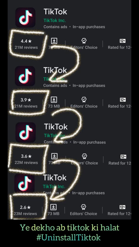 Kumar_Ji_Indian's tweet photo. Tiktok journey from 4.5 to 2.6😂😂
With in 3day..good job all (keep doing)
#UninstallTiktok
#BanTikTokInIndia
#stopusingtiktok https://t.co/uTwoyVStzj