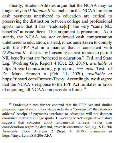 samcehrlich's tweet photo. On the California legislation (Fair Pay to Play Act = FPP Act): it's too early to tell, check back after there's something for us to rule on. https://t.co/HDihwP87bw