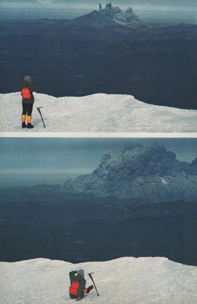 This picture of a mountaineer on the Adams summit is the best photo of the Mount St. Helens eruption, bar none.I think about it all the time - especially this time of year, when I'm usually climbing both mountains.Imagine it...
