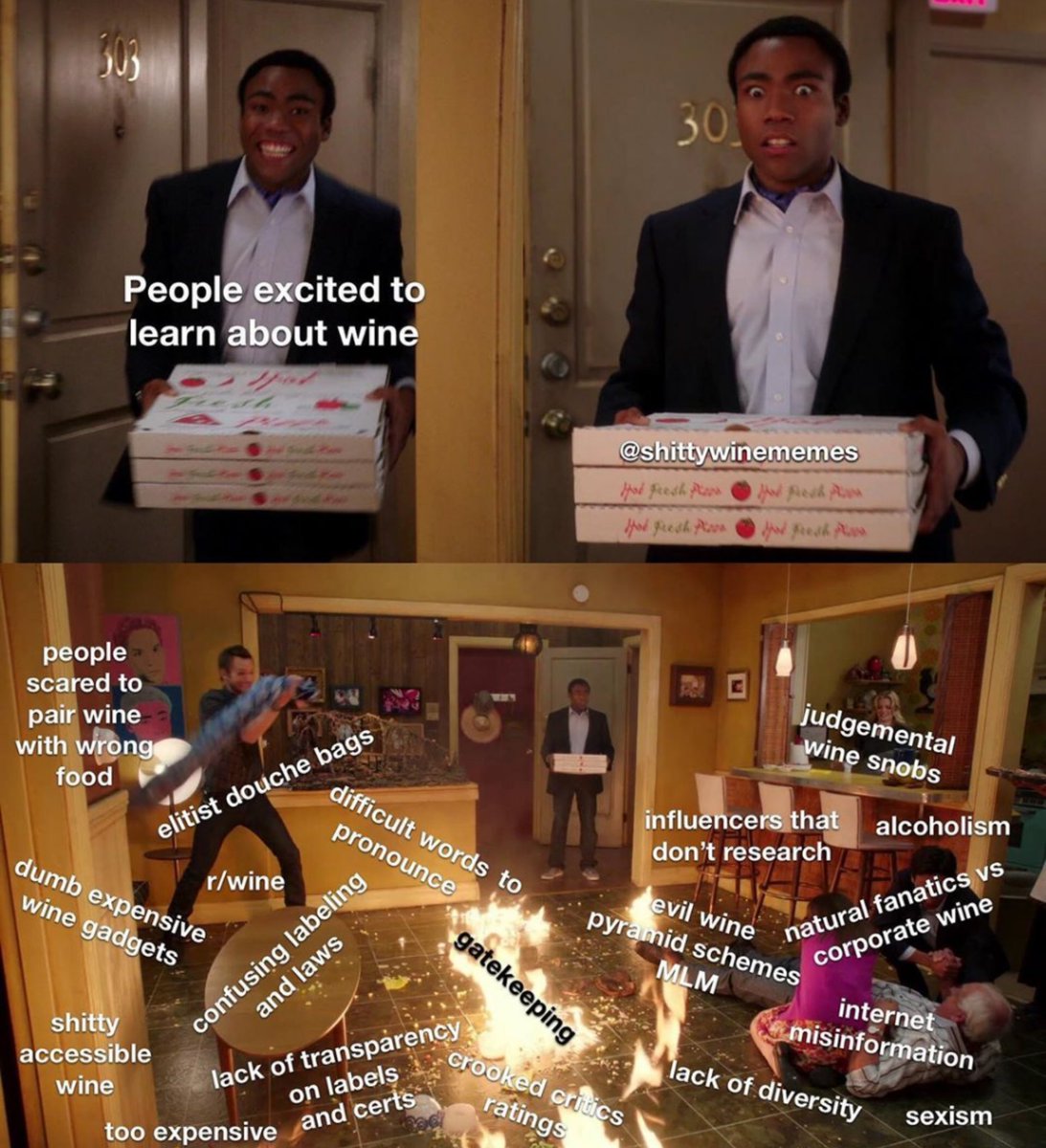 highacidreds's tweet photo. I wonder if the barrier to entry into the world of wine isn't wine itself, but wine people. Pic from @shittywinememes https://t.co/atbifAHGLz https://t.co/A9tShRrCUd