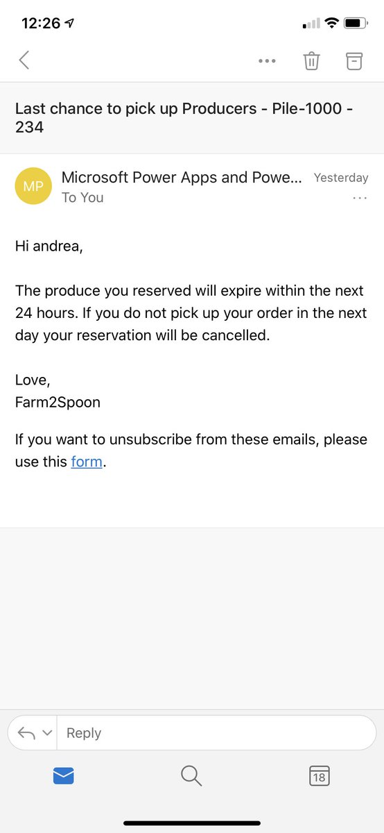 AndreaPinillos4's tweet photo. #Hack4Good Looks like our automated emails still work, I’ll need to pick up my produce before they expire 😂 https://t.co/XaaiZQhkiA