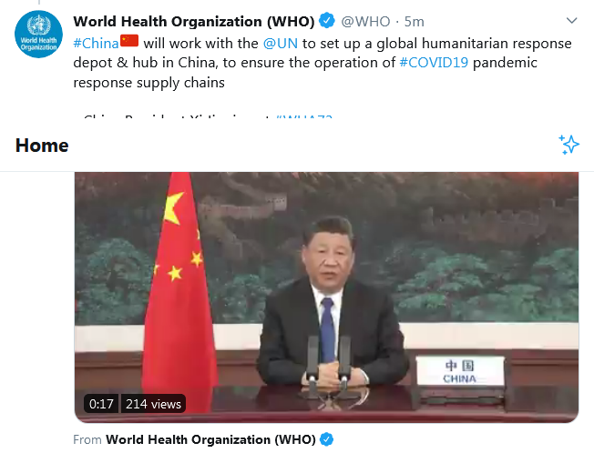 #COVID19 While opposing to any investigation on the origin and nature of COVID19, China and its President Xi Jinping now present themeselves, sponsorized by WHO, as well-doers of the humanity at World Health Assembly
<a href="/StateDept/">Department of State</a> <a href="/realDonaldTrump/">Donald J. Trump</a> <a href="/ColorMeRed/">ColorMeRed 🇺🇸 🇨🇦</a> @Rose45Rose1237 <a href="/MFS001/">MFS - The Other News</a>