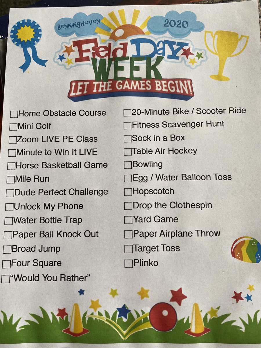 I have my #BHVirtualFieldDay checklist ready to go! My goal is to complete 10 activities..... check in at the end of the week to see if I accomplish my goal 😬😃 so lucky to have <a href="/MsKemp_BH/">LeAnna Kemp</a> as our incredible leader in this end of year tradition! <a href="/BHKnights512/">Rhein Benninghoven Elementary</a> #bestPEteacherever