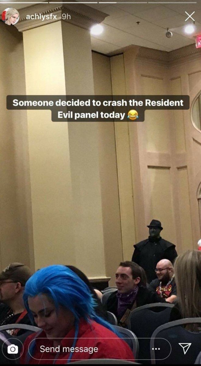 BradDucTapeHale's tweet photo. Last year when I photo bombed the Resident Evil Panel as Mr X. 
Heh heh, took the room a minute to notice me. #residentevil2 #mrx #ACEN2020 https://t.co/WnFHX8jGHl