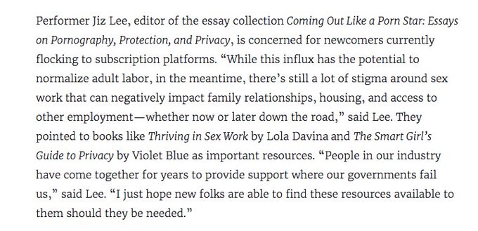 Lended a quote in 'The Post-Pandemic Future of Porn' by @TracyClarkFlory for @Jezebel Article: https://t<a href="/tag/booklove"class="tags"><span>#booklove</span></a><a href="/tag/comingoutlikeapornstar"class="tags"><span>#comingoutlikeapornstar</span></a>