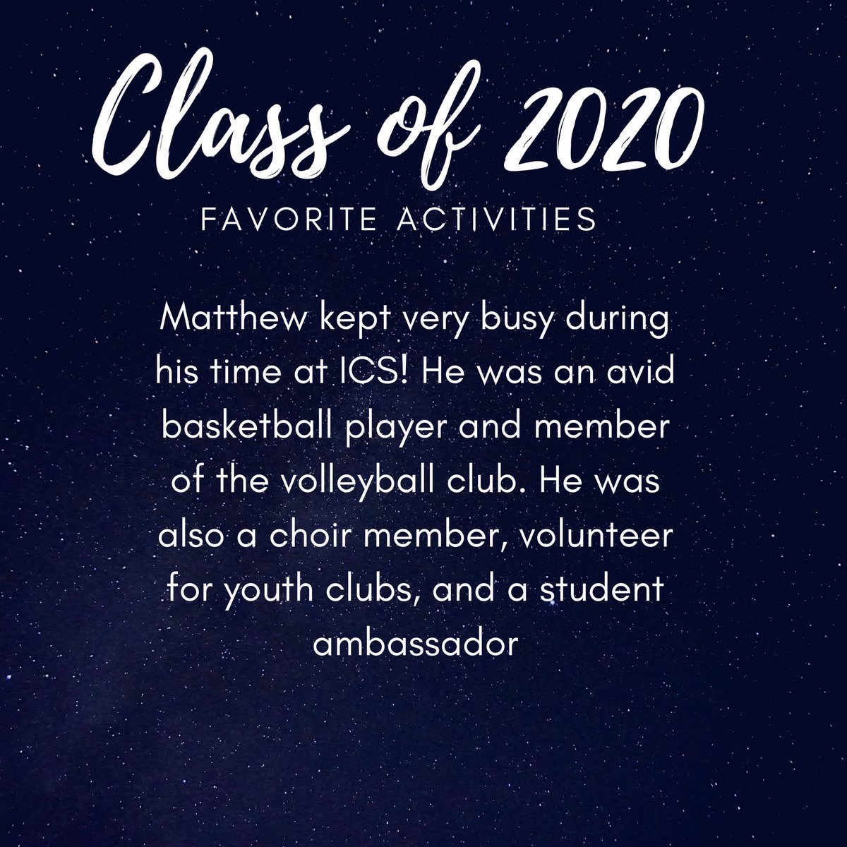 mrsdangelo_ICS's tweet image. We continue the Class of 2020 spotlights today with Matthew Hijazin! Matthew’s positive vibes and spirit of volunteerism are a true inspiration! Congrats on all of your achievements, Matthew! Your ICS family is proud of you! #GreatGrad🎓 #IncredibleCatholicStudent #Classof2020