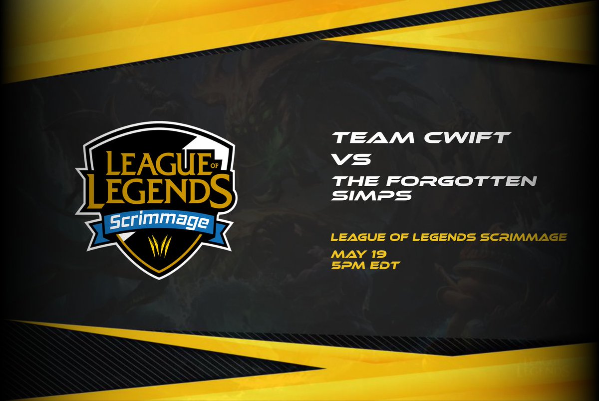 TCwift's tweet image. #LeagueOfLegends scrimmage Team Cwift @Tcwift vs Forgotten Simps tomorrow, Tues. 5/19! Catch the pre-game interview with Team Cwift owner Tapeworm1024 at 4:45pm EDT, with game starting at 5pm EDT.
Follow all the action live on @VRus125's stream: twitch.tv/its_virus125
 #eSports
