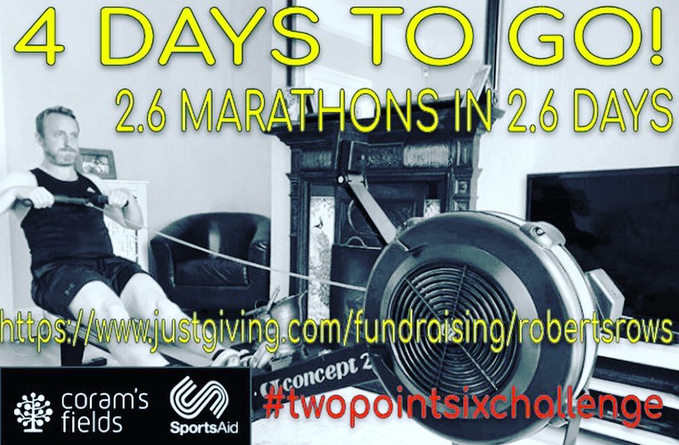 13JOHNS's tweet photo. 4 days to go before @RobertsRows starts the epic challenge of 2.6 marathons in 2.6 Days. Please donate if you can to support @coramsfields &amp; @TeamSportsAid #twopointsixchallenge #2point6challenge @hertsad @hertslife @VIBE1076 https://t.co/2uWzOe8RfZ