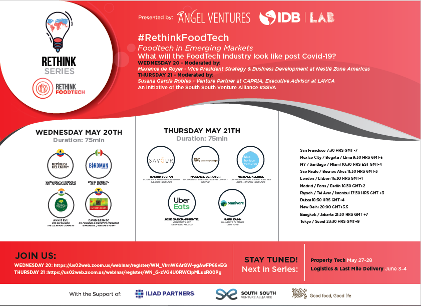 AVM_Mex's tweet photo. Two days until the #RethinkFoodTech webinar!🚀What will the FoodTech industry look like post Covid-19? Learn more about the entrepreneurs, corporations, and VC leaders who will participate in this online event! May 20th #Startups👇🏻 https://t.co/RP6eatqAaC https://t.co/NsKora7368