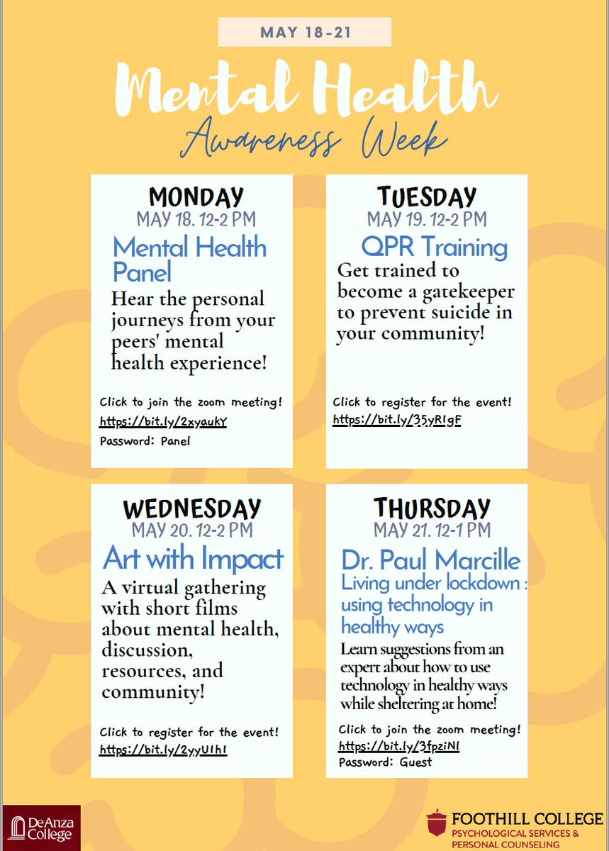 <a href="/WHO/">World Health Organization (WHO)</a> definition: Health is a state of complete physical, MENTAL and social well-being and not merely the absence of disease or infirmity.  #MentalHealthAwareness Week, a collaboration between <a href="/Foothillnews/">Foothill News</a> <a href="/ASFCtweet/">ASFC</a> &amp; <a href="/deanza_college/">De Anza College</a>.