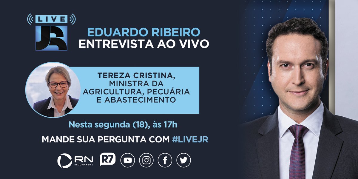 siga_record's tweet photo. Assista à entrevista exclusiva com a ministra Tereza Cristina ao vivo nas redes sociais do Jornal da Record, da Record TV e do R7. E também na Record News e https://t.co/dFh6VbD9in #JRLive https://t.co/wUtYySeFOa