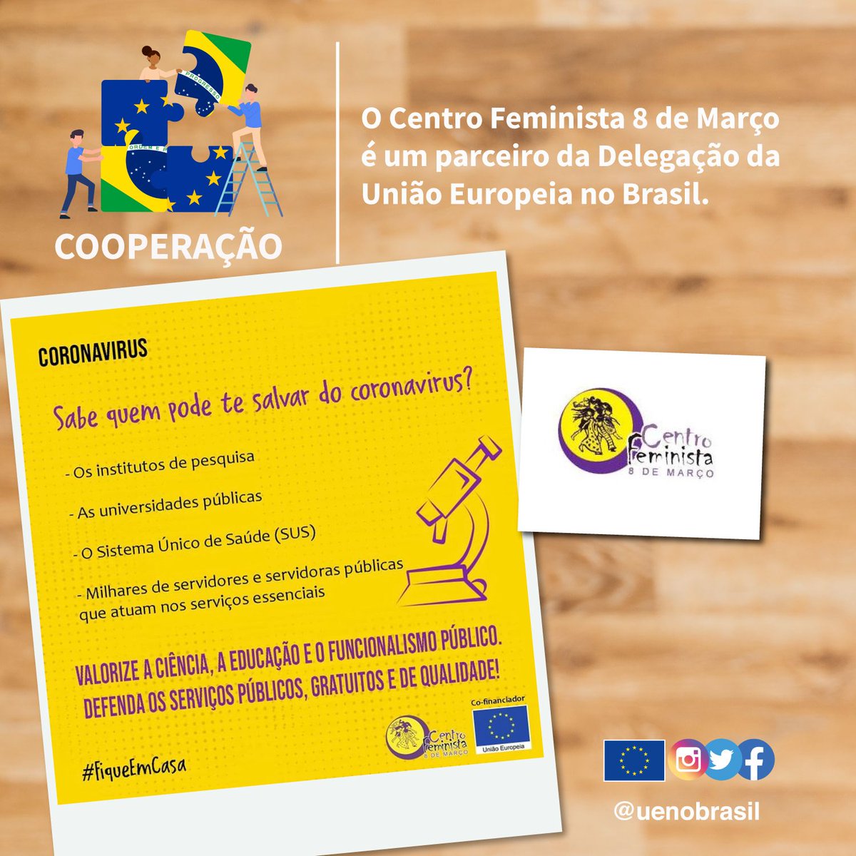 UEnoBrasil's tweet photo. Na #cooperação, a União Europeia financia importantes iniciativas no Brasil e no mundo. Todas elas, como o @CentroFeminista 8 de Março, estão no enfrentamento da #COVID19. A soma de esforços é fundamental para enfrentar a pandemia!
#CF8 #ciência #solidariedade #EUintheWorld https://t.co/qPfgq8RP72