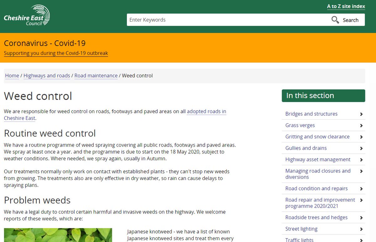 Today we've started weed spraying across <a href="/CheshireEast/">Cheshire East Council</a>. We spray on public roads, footways and paved areas subject to weather conditions. The targeted treatment helps to limit the damage harmful and invasive weeds can cause and improves the appearance of the highway🌱