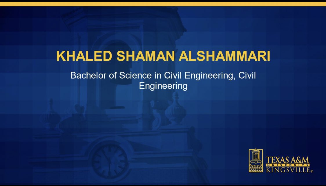 (وَآخِرُ دَعْوَاهُمْ أَنِ الْحَمْدُ لِلَّهِ رَبِّ الْعَالَمِينَ)
•
•
تم بحمدالله وفضله تخرجي من جامعة 
Texas A&amp;M University 
بدرجة البكالوريوس تخصص 
 “هندسة مدنية"  ..🎓