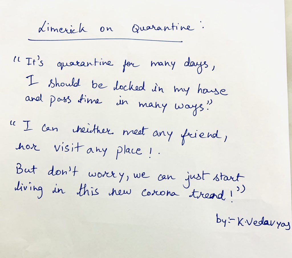 KVR_TRS's tweet photo. Limerick written by my son Vedavyas studying 8th grade on this Quarantine : @KChiruTweets @PawanKalyan https://t.co/SDidat8VnX