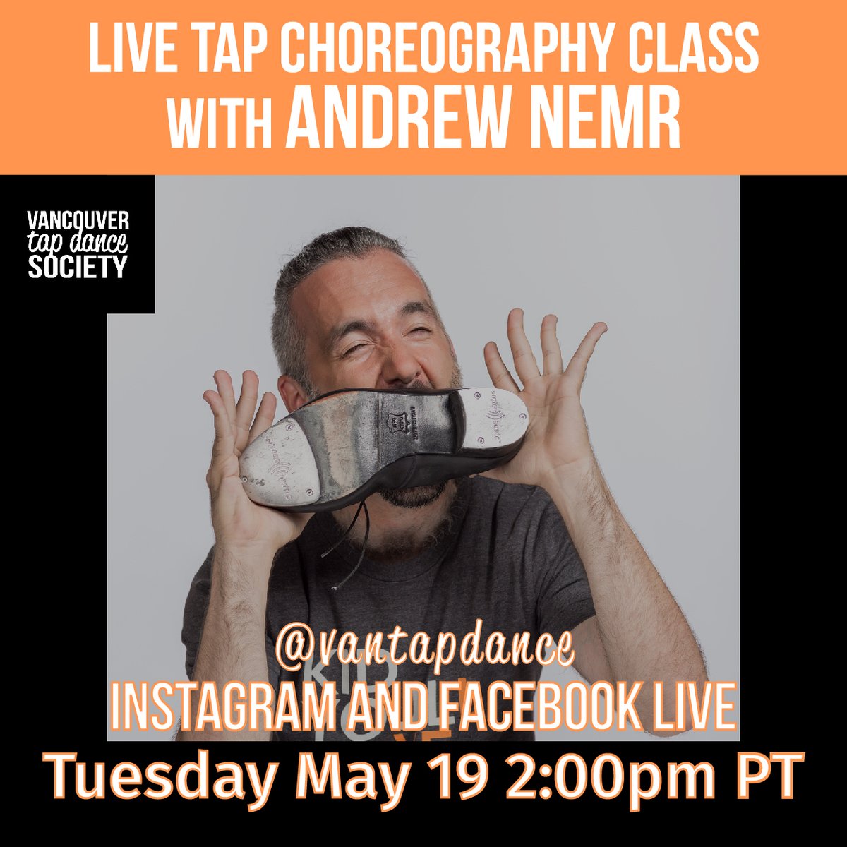 vantapdance's tweet image. LIVE TAP CHOREOGRAPHY CLASS⁠
with Andrew Nemr
⁠
Tuesday May 19
2:00pm PT on Instagram LIVE⁠
Open to all levels, dancers and countries!⁠
⁠
#tapdance #virtualdanceclasses #tapdancing #danceclass⁠