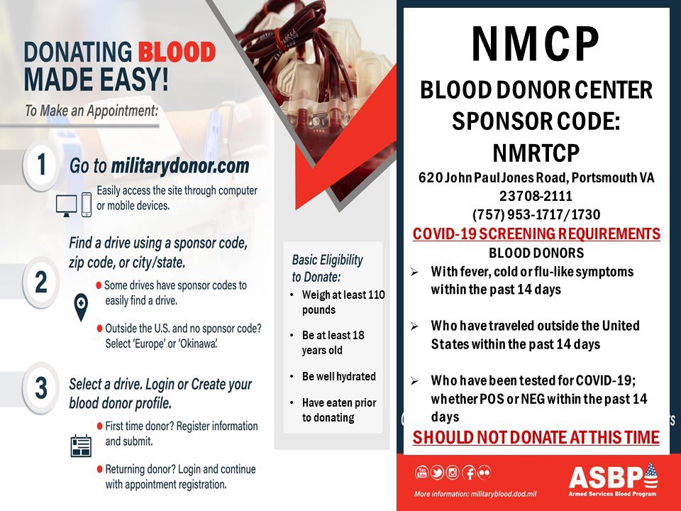 #NMCPReadyForTheFightTonight #MissionCritical #COVID19
NMCP is sponsoring a blood drive tomorrow! Registration will be from 8:00 a.m. to 1:00 p.m. in the lobby of building 2, 1st floor.
There is no reported OR suspected cases of transfusion transmitted #coronavirus.