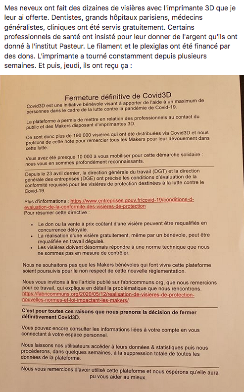 Des centaines de "Makers" s'étaient mobilisés pour fabriquer bénévolement des visières protectrices pour les professionnels de santé. Et puis l'état s'en est mêlé. Ça donne ça (confirmé par Ouest France: ouest-france.fr/nouvelle-aquit… ) 

Ce pays est foutu.