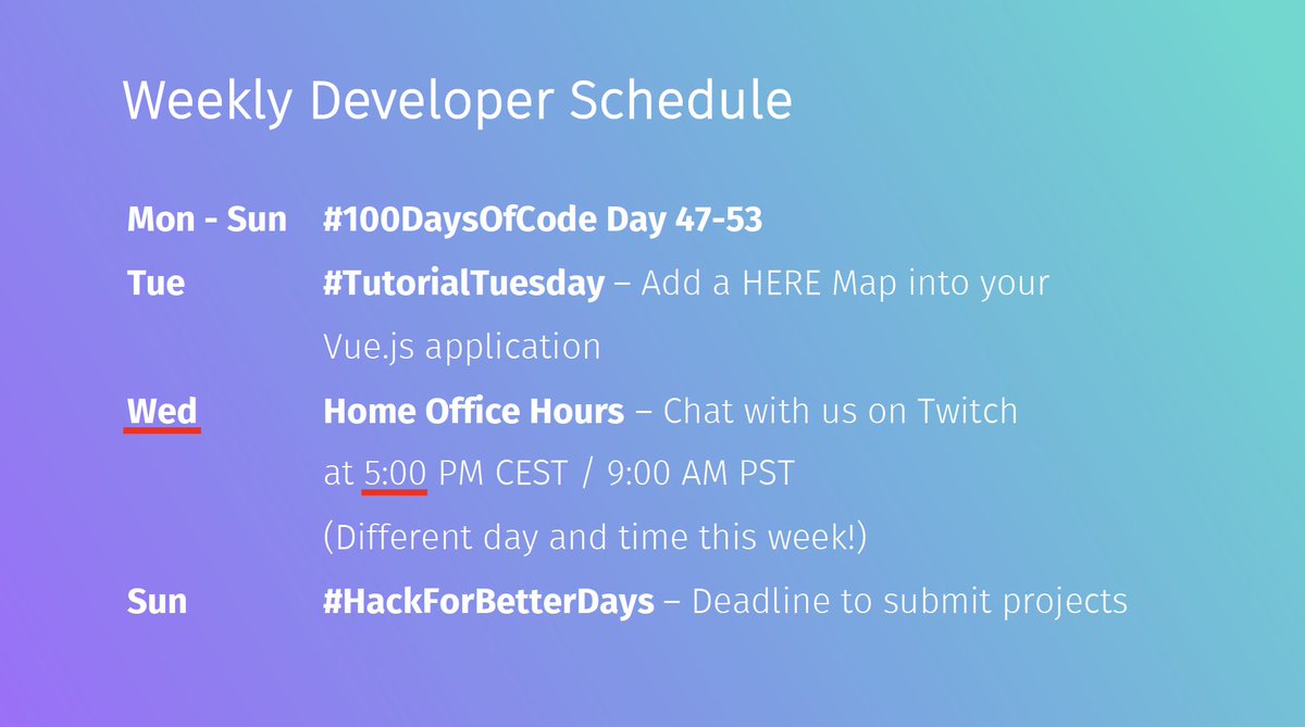 heredev's tweet photo. Here is your weekly quarantine coding schedule with HERE Developers. #100DaysOfCode #TutorialTuesday #Twitch #covid19 #HackForBetterDays https://t.co/NUkVyBQd2s