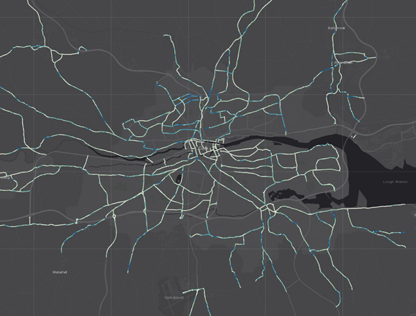 If we limit the analysis to just the MAIN roads (primary, secondary, or, tertiary in the OpenStreetMap dataset), again, the majority of the roads in Cork City are classed as either Flat (< 1% gradient) or a Slight Incline (1-3% slope) across all LEAs.4/13