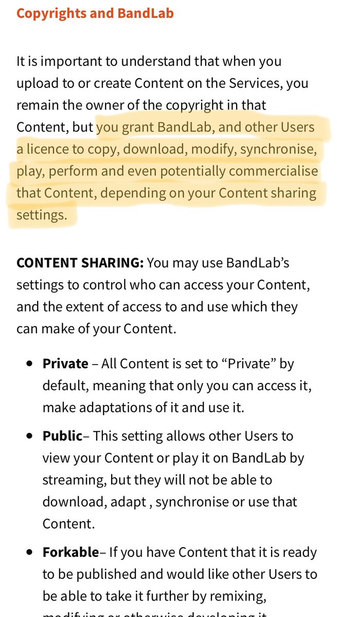 linndavis's tweet photo. @BandLab Love the idea of your platform, but question: Seems from your Terms of Use that uploading a song to BandLab may give you (the company) wide-ranging rights to use &amp; sell it, even if I set the song as 'Private'. Am I wrong? ToU &amp; linked docs are unclear. CC: @EFF @BenMaras https://t.co/UEqIe70LkV