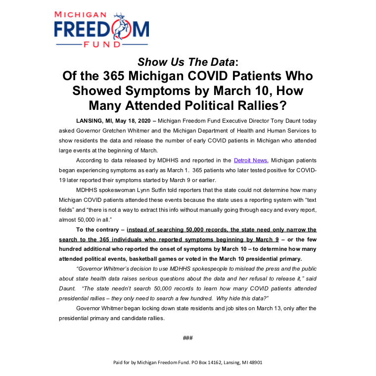 MIForward_Net's tweet photo. “@GovWhitmer’s decision to use MDHHS spokespeople to mislead the press and the public about state health data raises serious questions about the data and her refusal to release it,” said Daunt.  https://t.co/S4kjsAXSuC https://t.co/mhwSXxFJ6k
