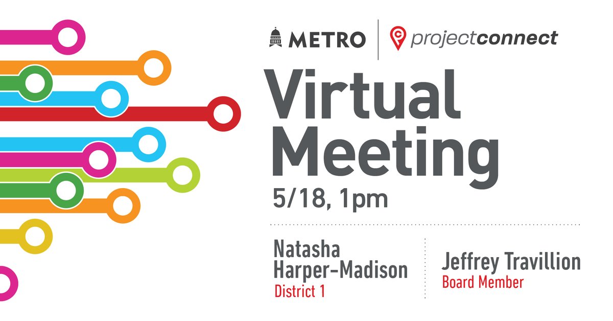 CapMetroATX's tweet photo. Join us today at 1 p.m. CST for the next #ProjectConnect virtual meeting w/ @NatashaD1atx & #CapMetro Board Member Jeffrey Travillion. @austintxgov #atcouncil
FB Event: https://t.co/Gtw5lkF3GO
Zoom meeting: https://t.co/NVfm3odtc6
Meeting schedule: https://t.co/vz3t9D9ZwW https://t.co/BCochCJSsB