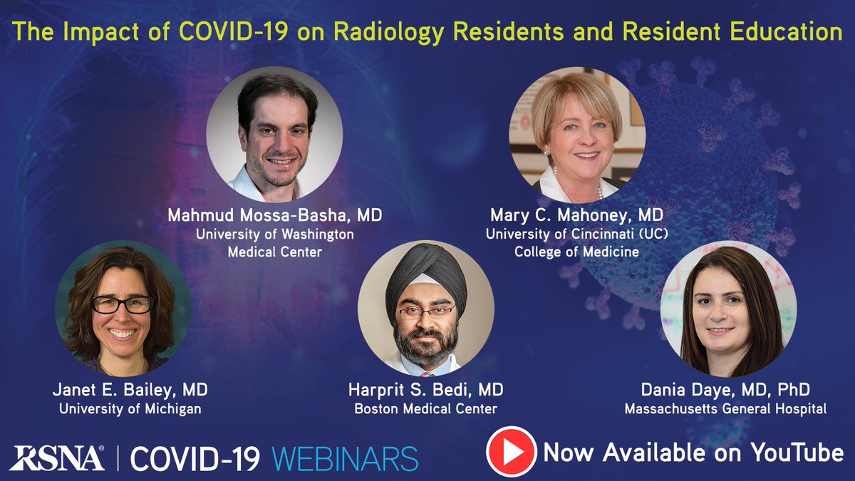 RSNA's tweet photo. NOW AVAILABLE: Our recent webinar, The Impact of COVID-19 on Radiology Residents and Resident Education, is now available on-demand on YouTube: https://t.co/qtnjGkwL10 #COVID19 #RadRes #MedStudentTwitter https://t.co/Ohj7Q7NQxW