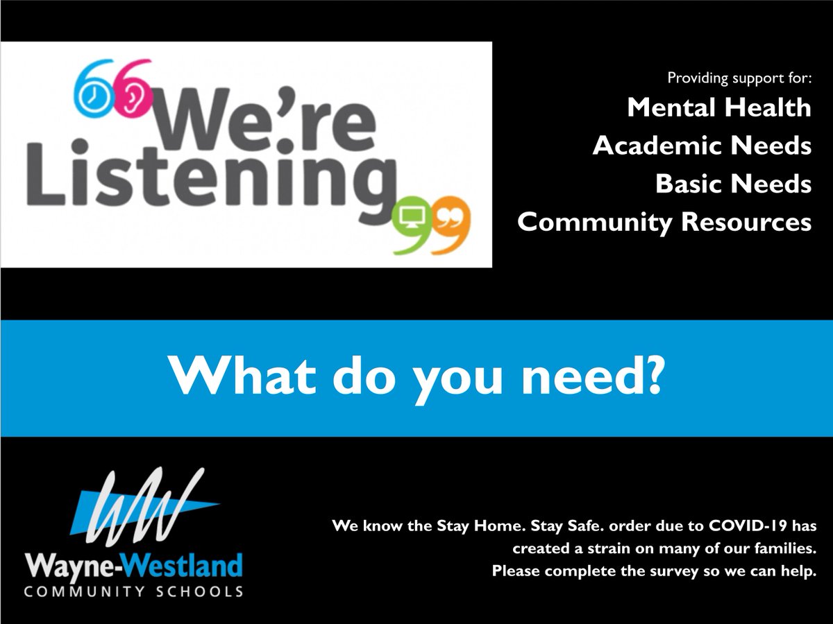 WWCSD's tweet photo. Wayne-Westland Community Schools is offering a survey to all parents to determine their current needs. We are asking our families to fill out a Needs Survey . District staff will follow up to assist families with their needs. We are #WWCSTRONG
https://t.co/2pDejv3XZ6 https://t.co/cpDAvuCedE