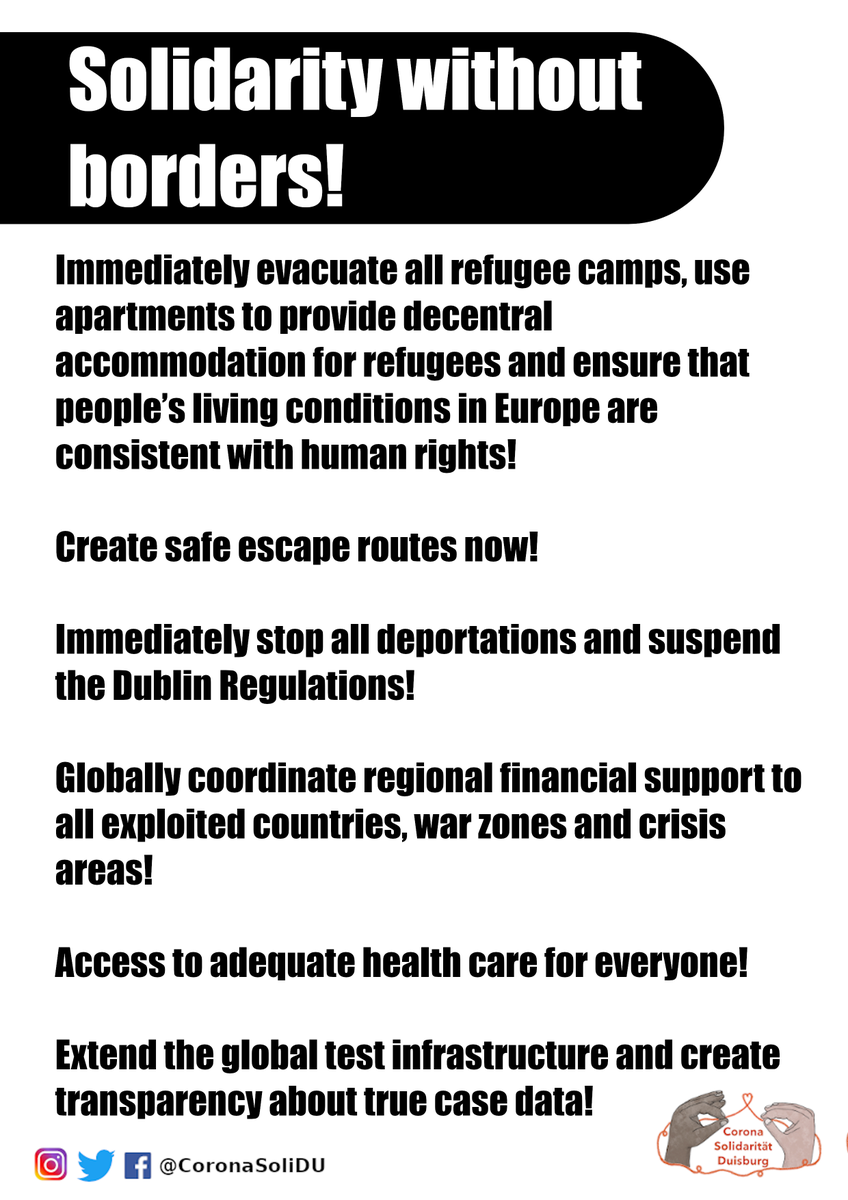 All political demands from our group are not only available as sharepics, but als posters aswell, to spread our demands offline, too. You can download the files in German, English and Arabian via the link below! Other languages following.
bit.ly/3gaJdGW