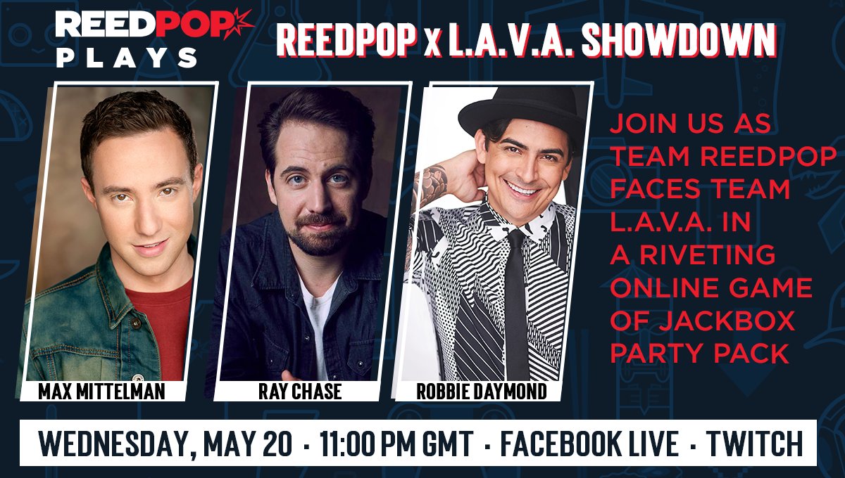 MCMComicCon's tweet image. Hop on your chocobos and join us on Wednesday, May 20 at 11pm for a riveting game of Jackbox Party Pack with special guests Max Mittelman, Robbie Daymond, and Ray Chase from L.A.V.A.

Like us on Facebook to get ready for this live event: facebook.com/LondonComicCon/