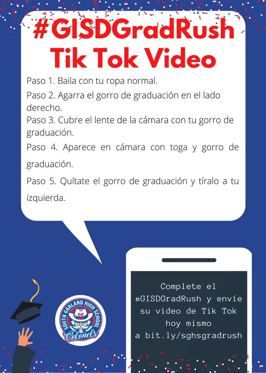 MrsWesleyHosier's tweet photo. Hey @SGHS_Colonels check out Dr. Lopez in a teaser video ( https://t.co/cxMOqudsk0) for the #GISDGradRush challenge. Submit yours today and be seen on the big screen at Williams stadium! https://t.co/FYRYAyFgBc