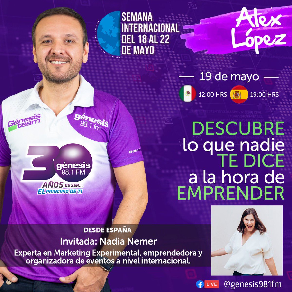¡Llegó la semana internacional al 98.1 🛫 ¿Has tenido muchas dudas al momento de emprender? 🤔 Este Martes <a href="/alexlopezfm/">Alex López</a> tendrá una invitada de lujo desde España 🇪🇸👌 <a href="/_nadianemer_/">Nadia Nemer</a> 👏🏻👏🏻 No te lo pierdas el día de MAÑANA en punto de las 12:00 genesis981.com.mx